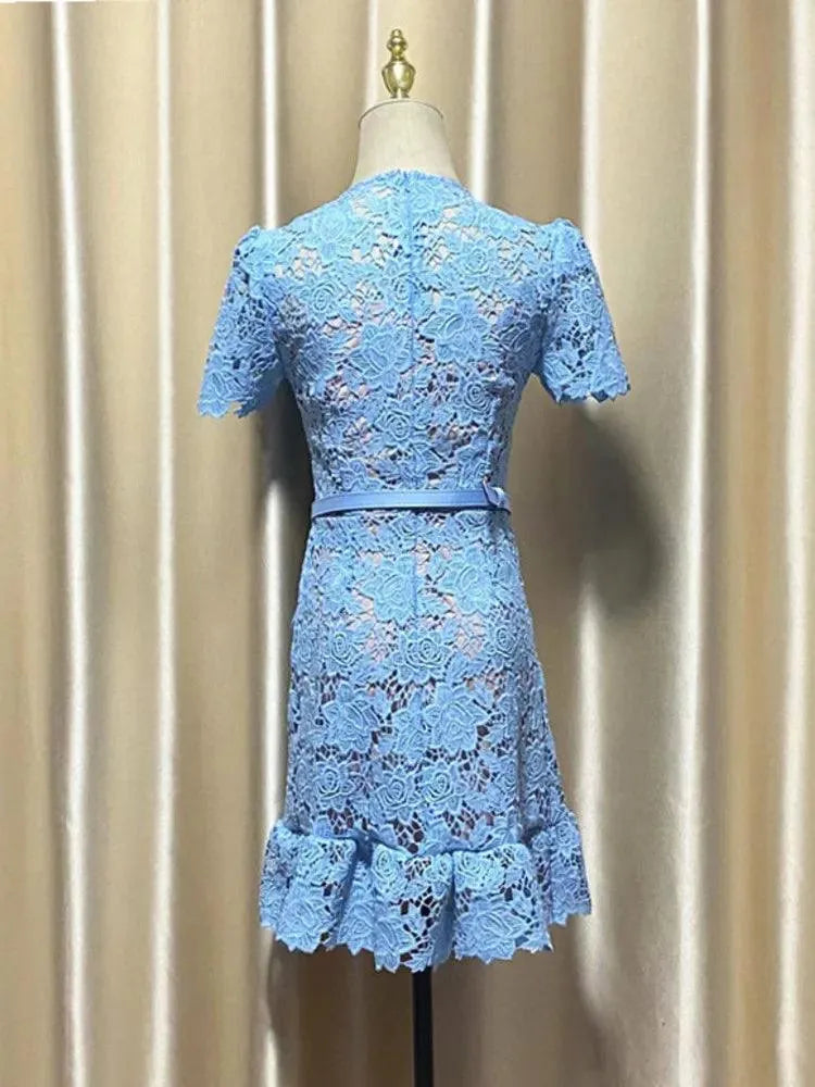 O-Neck Lace Button Party Dress -Guocali