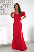 Off-Shoulder Puff Sleeve Ruched Maxi Dress – Red – Daydress | GUOCALI