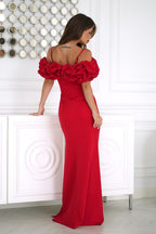 Off-Shoulder Puff Sleeve Ruched Maxi Dress – Red – Daydress | GUOCALI – view 3