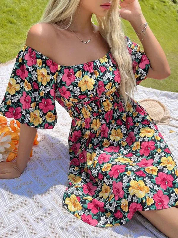 Off-Shoulder Ruffle Printed Dress -Guocali