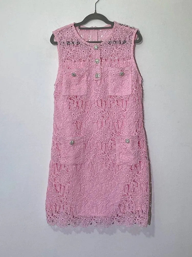 Pink Sleeveless Lace Short Dress -Guocali