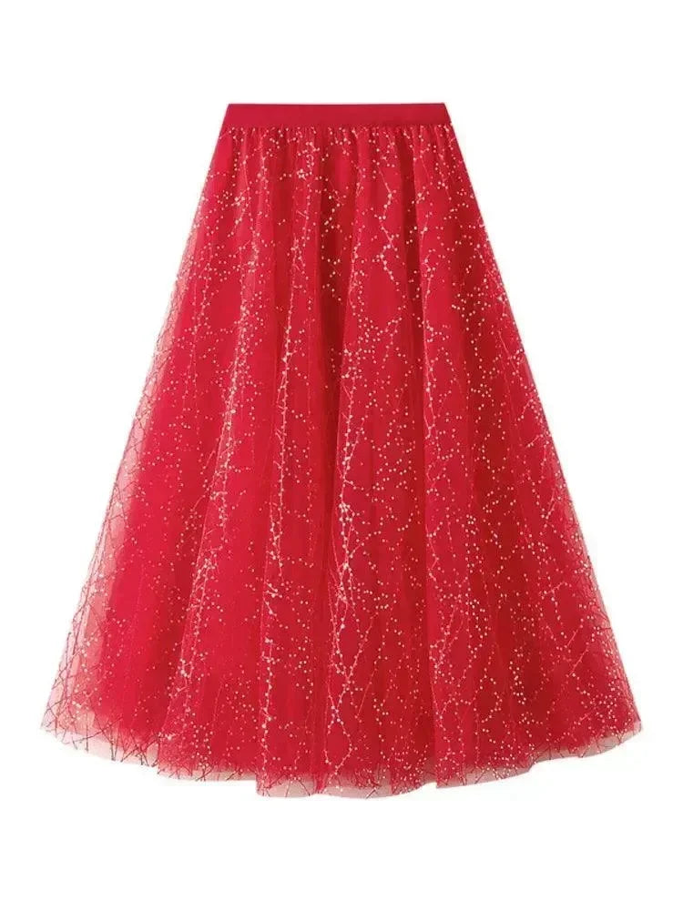 Pleated Skirt Women Sequin Mesh - High Waist Maxi Women Skirt