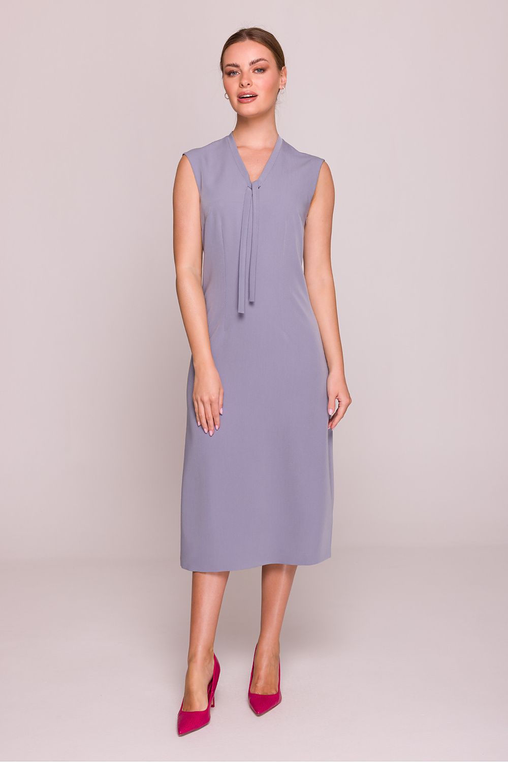 Satin Midi Dress – V-Neck, A-Line, Slit Detail – Daydress | GUOCALI – view 3