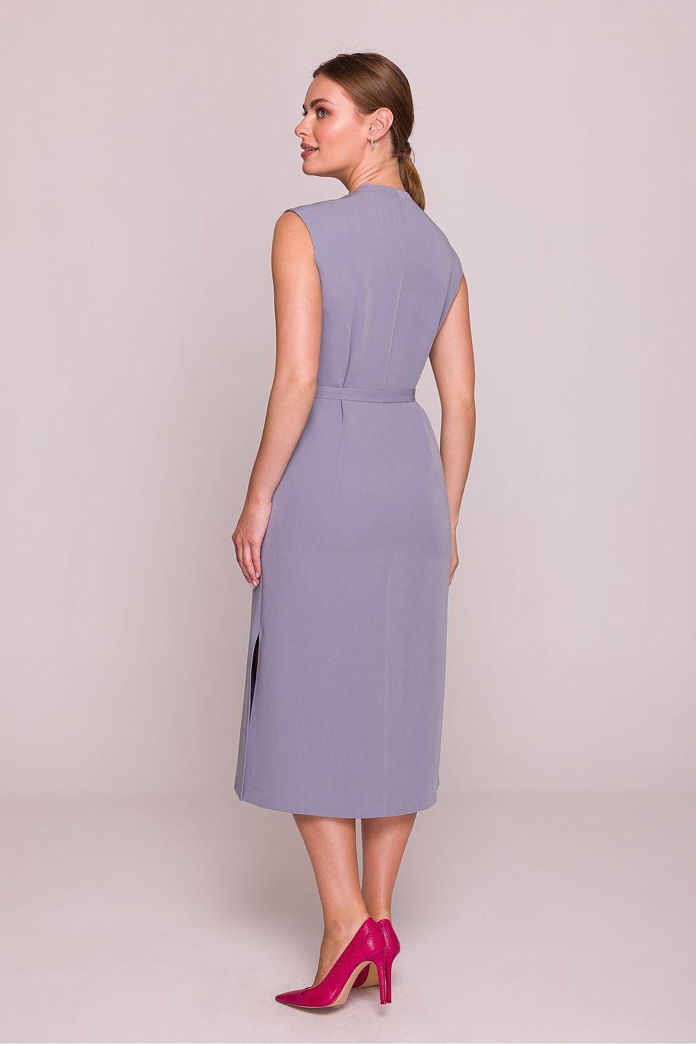 Satin Midi Dress – V-Neck, A-Line, Slit Detail – Daydress | GUOCALI – view 4