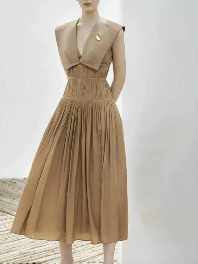 Sleeveless V-Neck Pleated Waistband Dress -Guocali