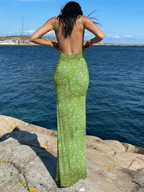 Slim Fit Backless Floral Dress -Guocali