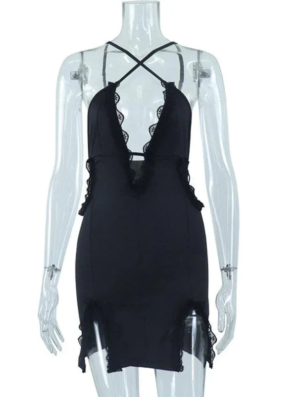 Sling Hollow Lace Splicing Hip Dress -Guocali