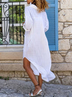 Solid color buttoned slit loose breathable casual long shirt dress-Padded Bra-GUOCALI