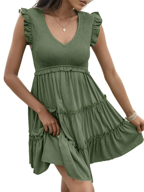 Solid V-Neck Ruffle Dress -Guocali