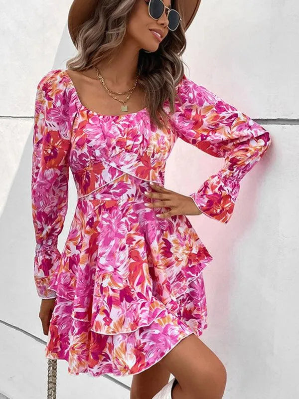 Square Neck Floral Ruffle Short Dress -Guocali