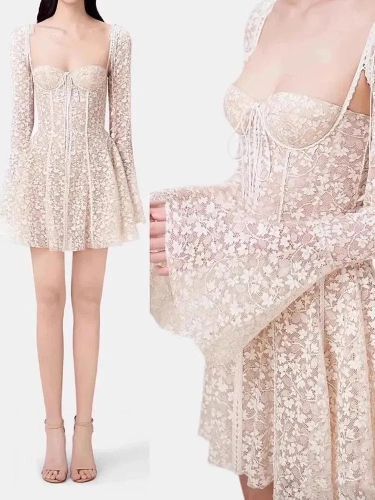 Strapless Sweetheart Lace Dress with Illusion Long Sleeves – Lace Dress | GUOCALI – view 4