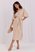 Striped Cotton Belted Midi Shirt Dress – Beige – Daydress | GUOCALI