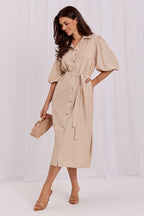 Striped Cotton Belted Midi Shirt Dress – Beige – Daydress | GUOCALI