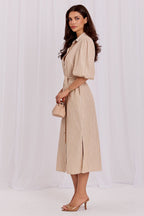 Striped Cotton Belted Midi Shirt Dress – Beige – Daydress | GUOCALI – view 2