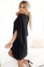 Textured V-Neck Flutter Sleeve A-Line Dress – Black – Daydress | GUOCALI – view 3