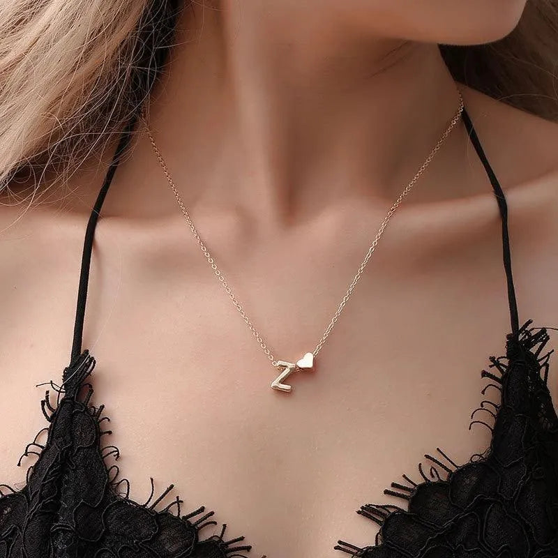 Tiny Heart and Initial Letter Pendant Necklace -Guocali