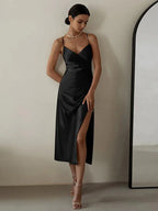 V-Neck Pleated Waist Slit Midi Dress -Guocali