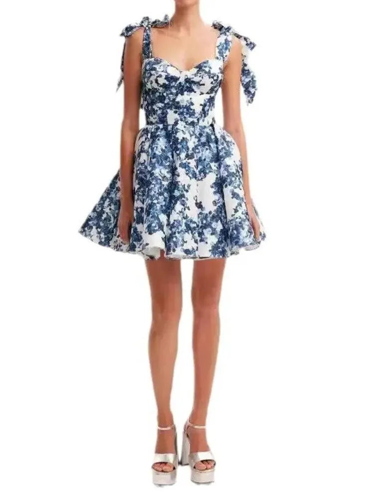 Vacation Style Lace-Up Square Neck Floral Short Dress -Guocali