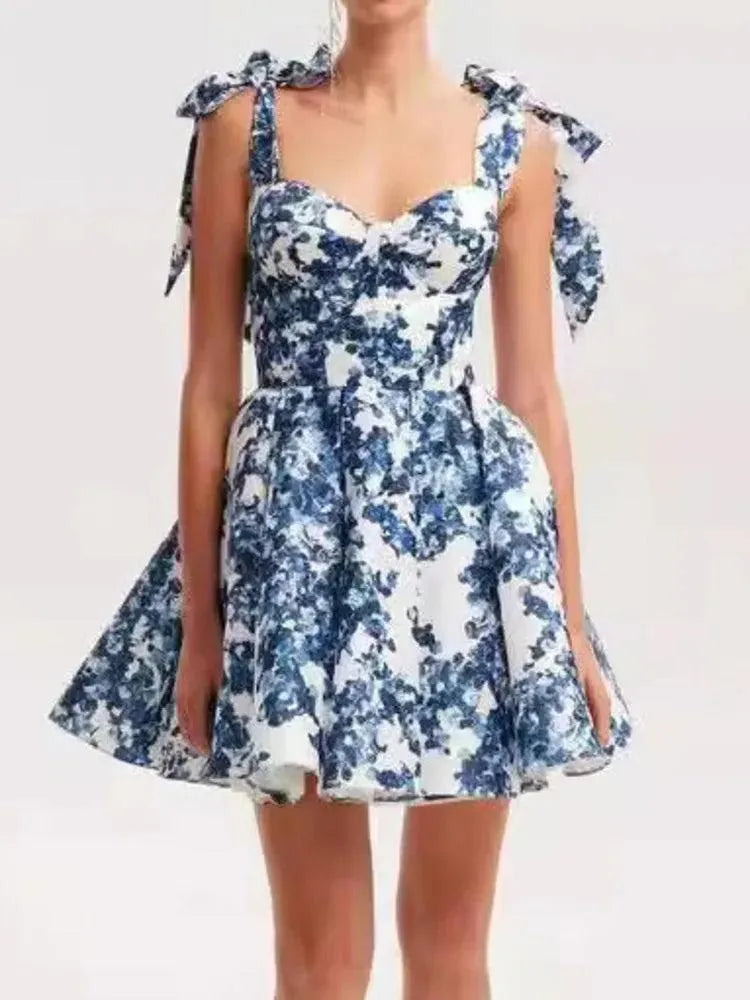 Vacation Style Lace-Up Square Neck Floral Short Dress -Guocali