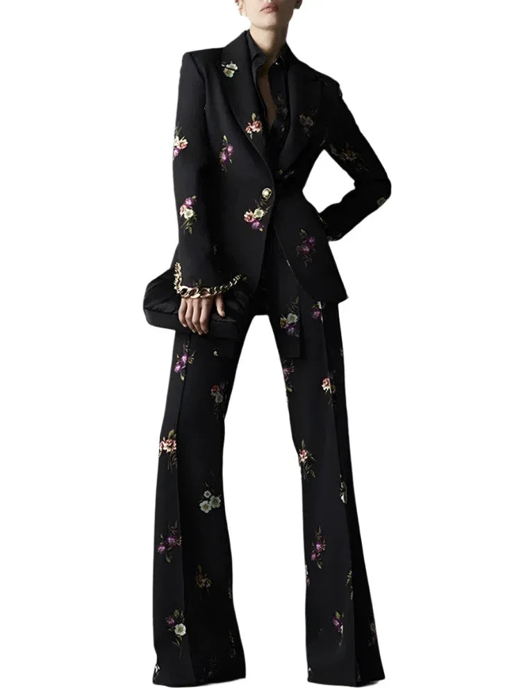 Black floral-embroidered pantsuit with flared trousers fashion image