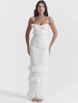 White Hook-and-Loop French Maxi Dress - Guocali
