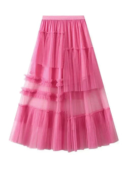 Women A-Line Skirt Asymmetric Mesh - High Waist Midi Women Skirt - Guocali