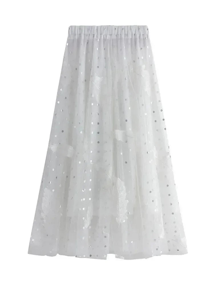 Women A-Line Skirt Feather Embroidery - High Waist Midi Women Skirt