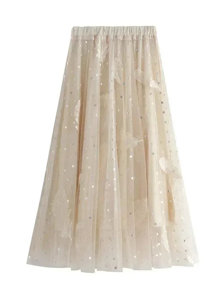 Women A-Line Skirt Feather Embroidery - High Waist Midi Women Skirt