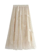 Women A-Line Skirt Feather Embroidery - High Waist Midi Women Skirt