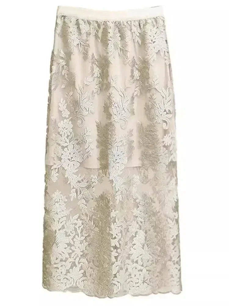Women A-Line Skirt Lace Embroidered Midi - High Waist Women Skirt