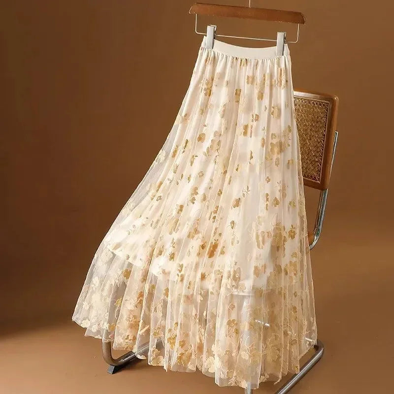 Women A-Line Skirt Mesh Embroidered - High Waist Maxi Women Skirt