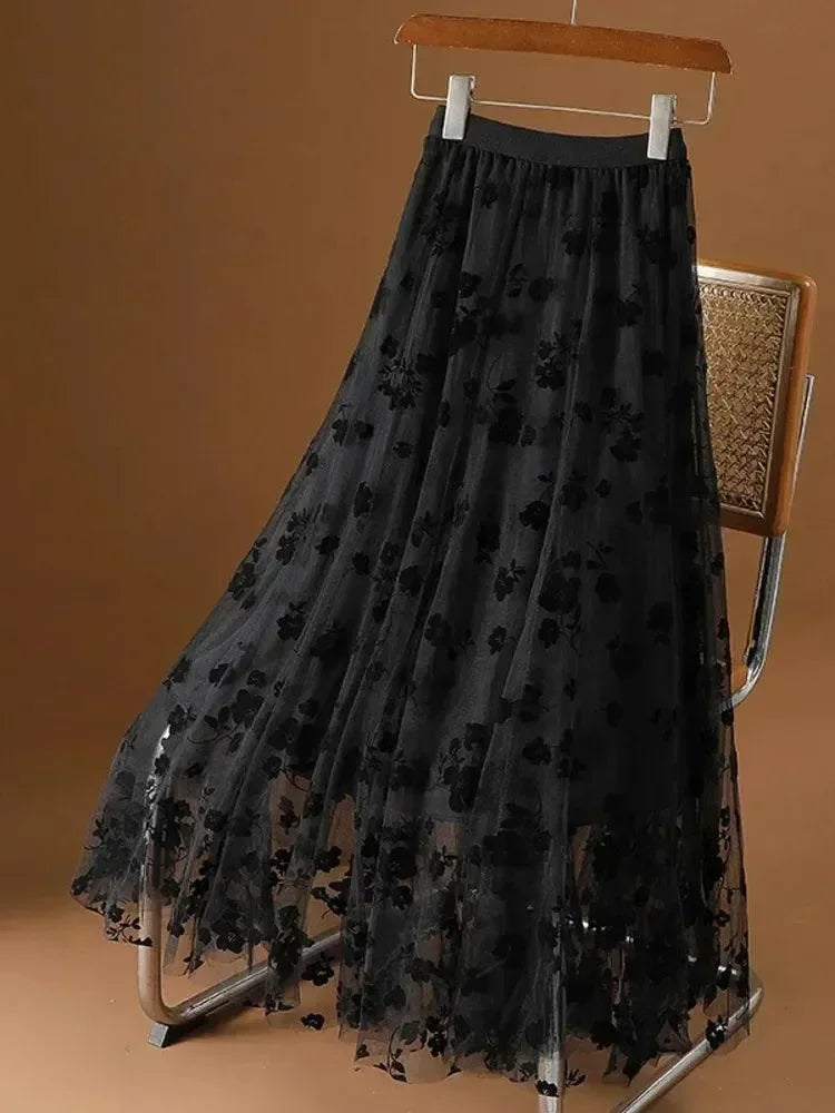 Women A-Line Skirt Mesh Embroidered - High Waist Maxi Women Skirt