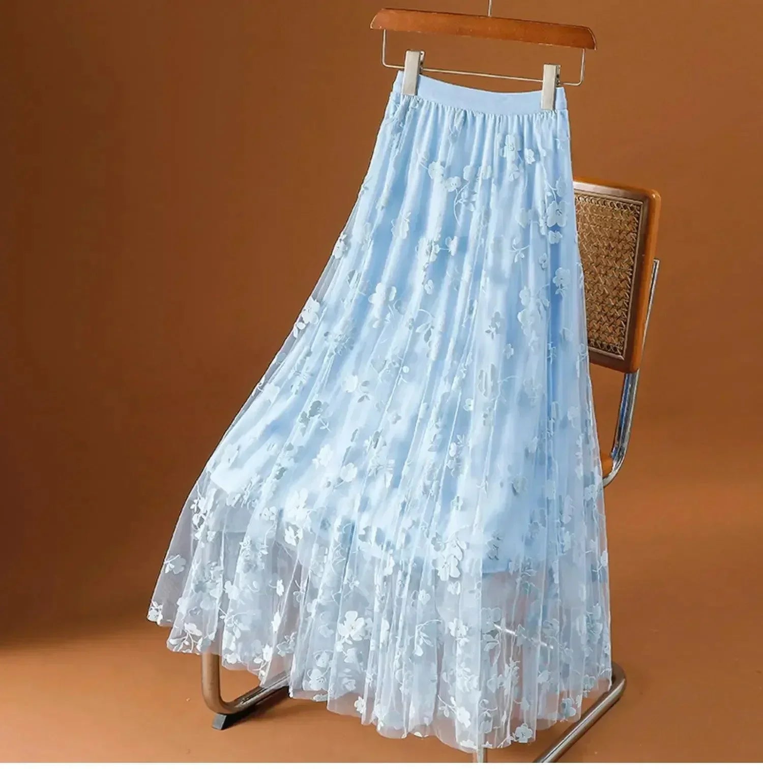 Women A-Line Skirt Mesh Embroidered - High Waist Maxi Women Skirt