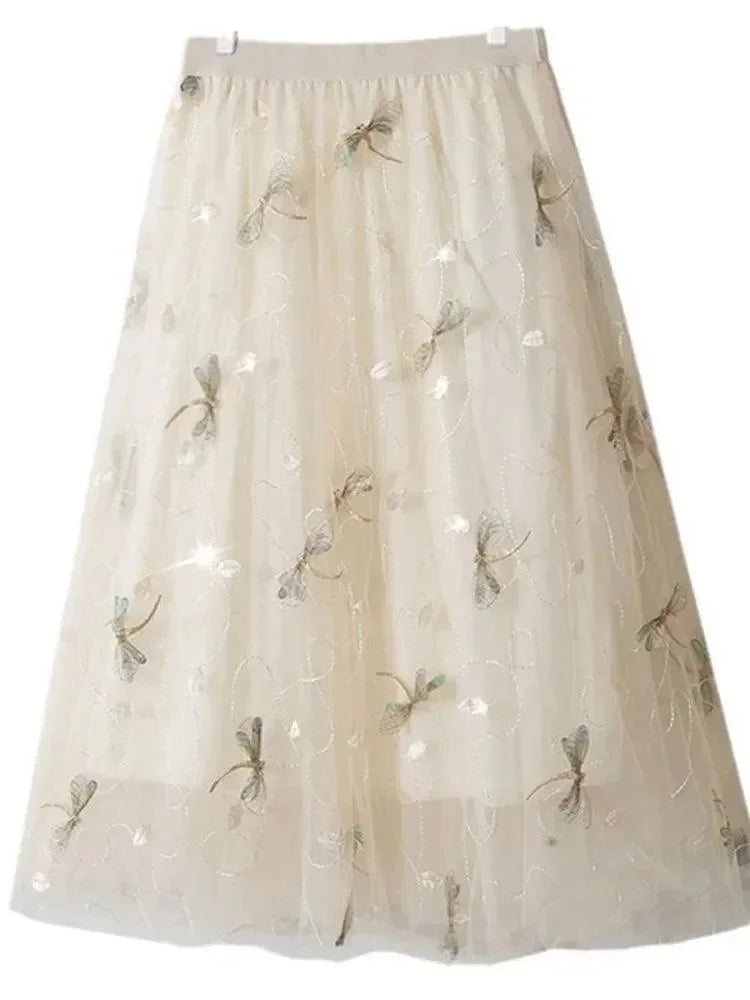 Women A-Line Skirt Mesh Embroidered - High Waist Midi Women Skirt