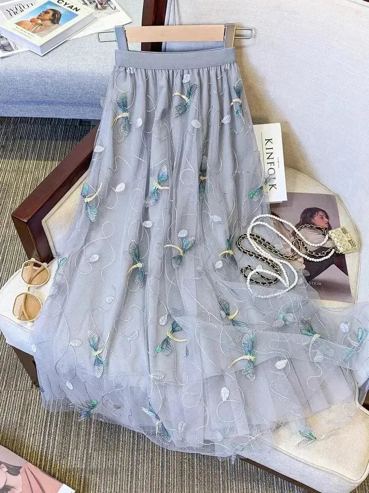 Women A-Line Skirt Mesh Embroidered - High Waist Midi Women Skirt