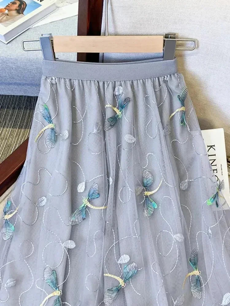 Women A-Line Skirt Mesh Embroidered - High Waist Midi Women Skirt