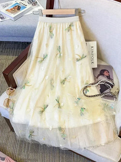 Women A-Line Skirt Mesh Embroidered - High Waist Midi Women Skirt - Guocali