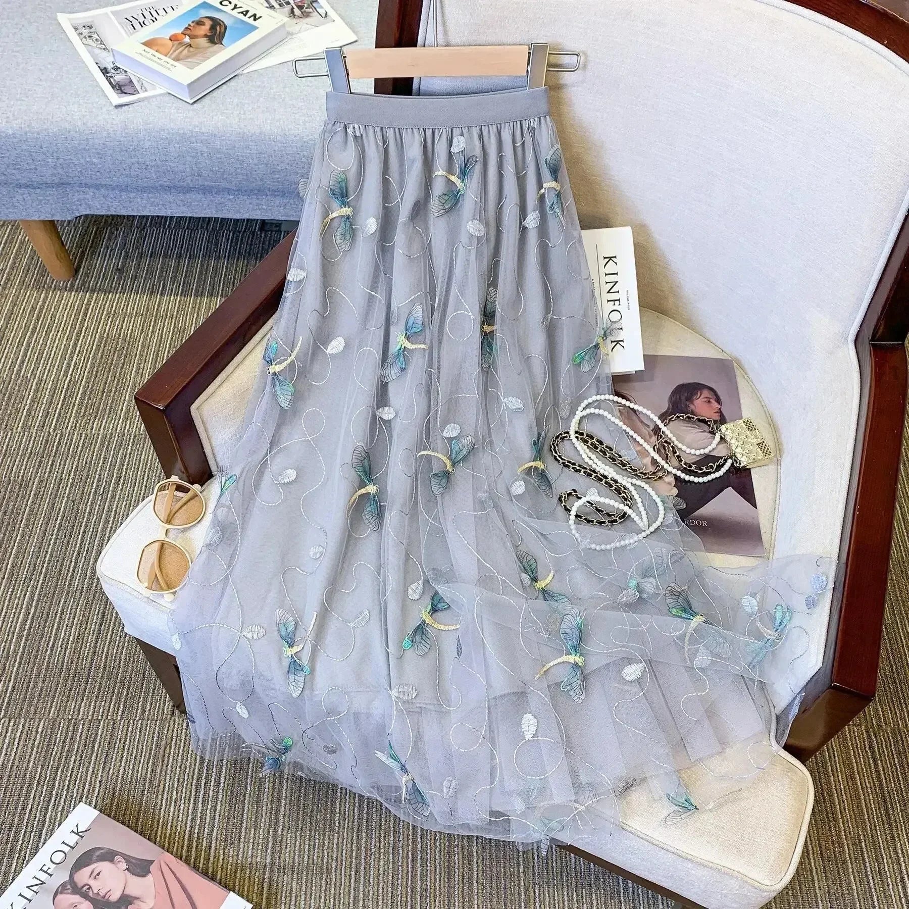 Women A-Line Skirt Mesh Embroidered - High Waist Midi Women Skirt