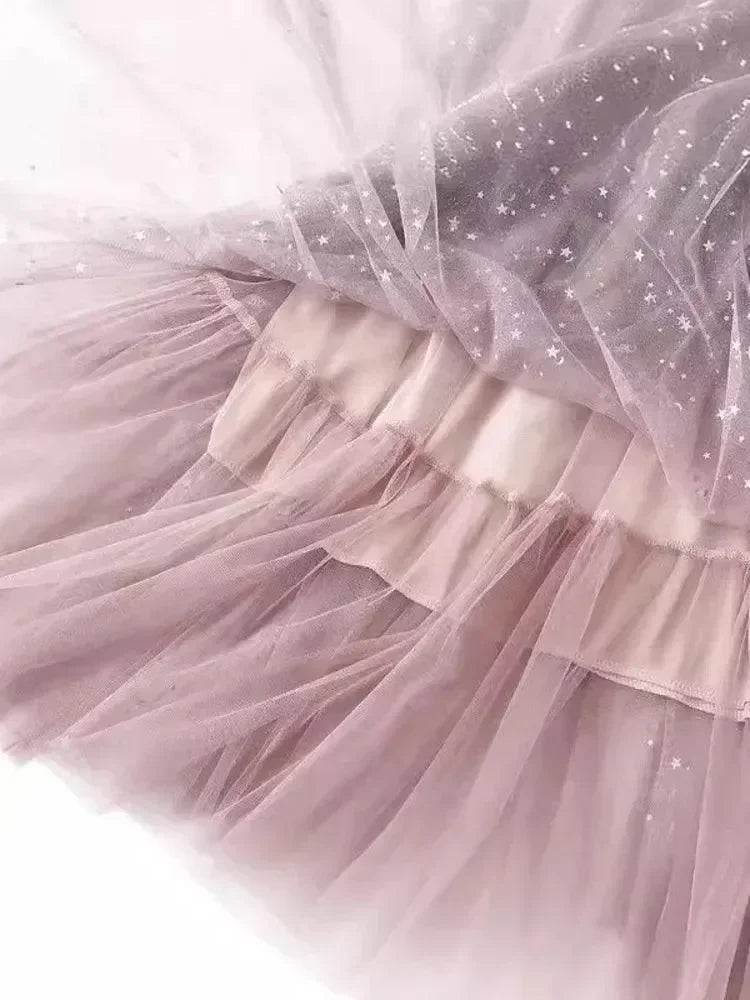 Women A-Line Skirt Sequin Tulle Gradient - High Waist Midi Women Skirt