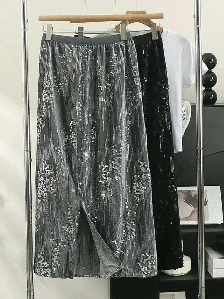 Women A-Line Skirt Sequined High Waist - Midi Women Skirt