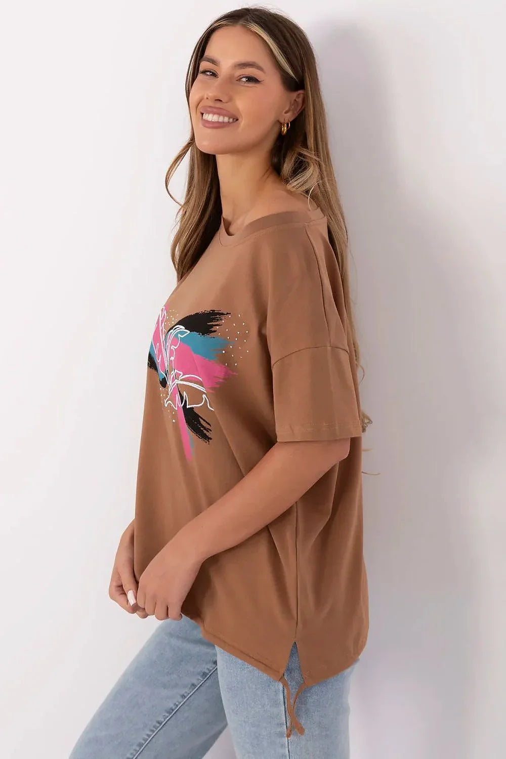Women Boat-Neck Short-Sleeves T-Shirt – Stretchable - Brown -Guocali