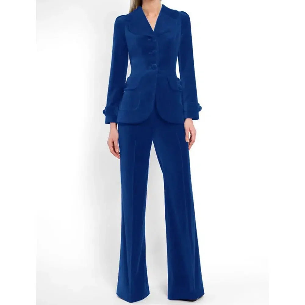 Elegant Women's Pant Suit - Solid Single-Breasted
