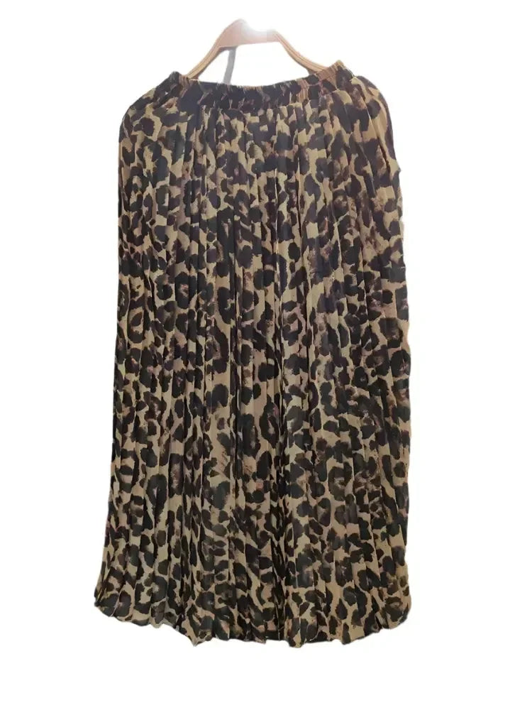Women Pleated Skirt Animal Print - High Waist Midi Women Skirt