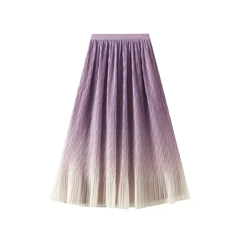 Women Pleated Skirt Gradient Mesh - Midi Women Skirt