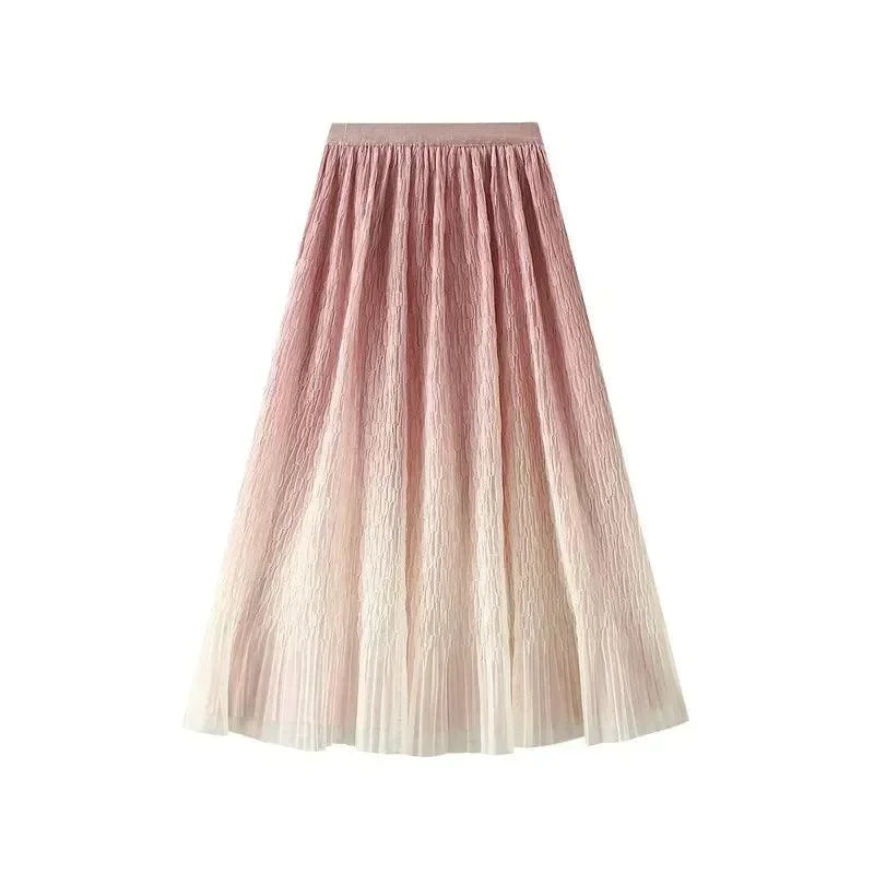 Women Pleated Skirt Gradient Mesh - Midi Women Skirt