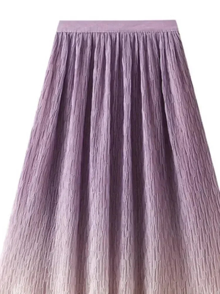 Women Pleated Skirt Gradient Mesh - Midi Women Skirt