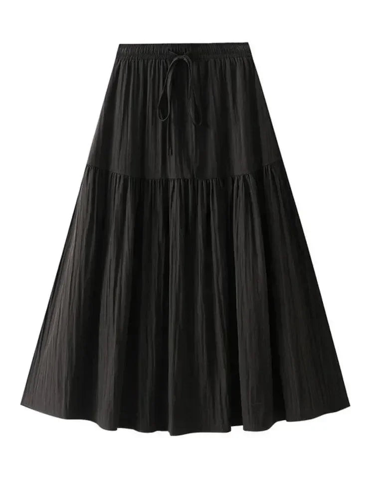 Women Pleated Skirt Lace-Up Elastic - High Waist Midi Women Skirt