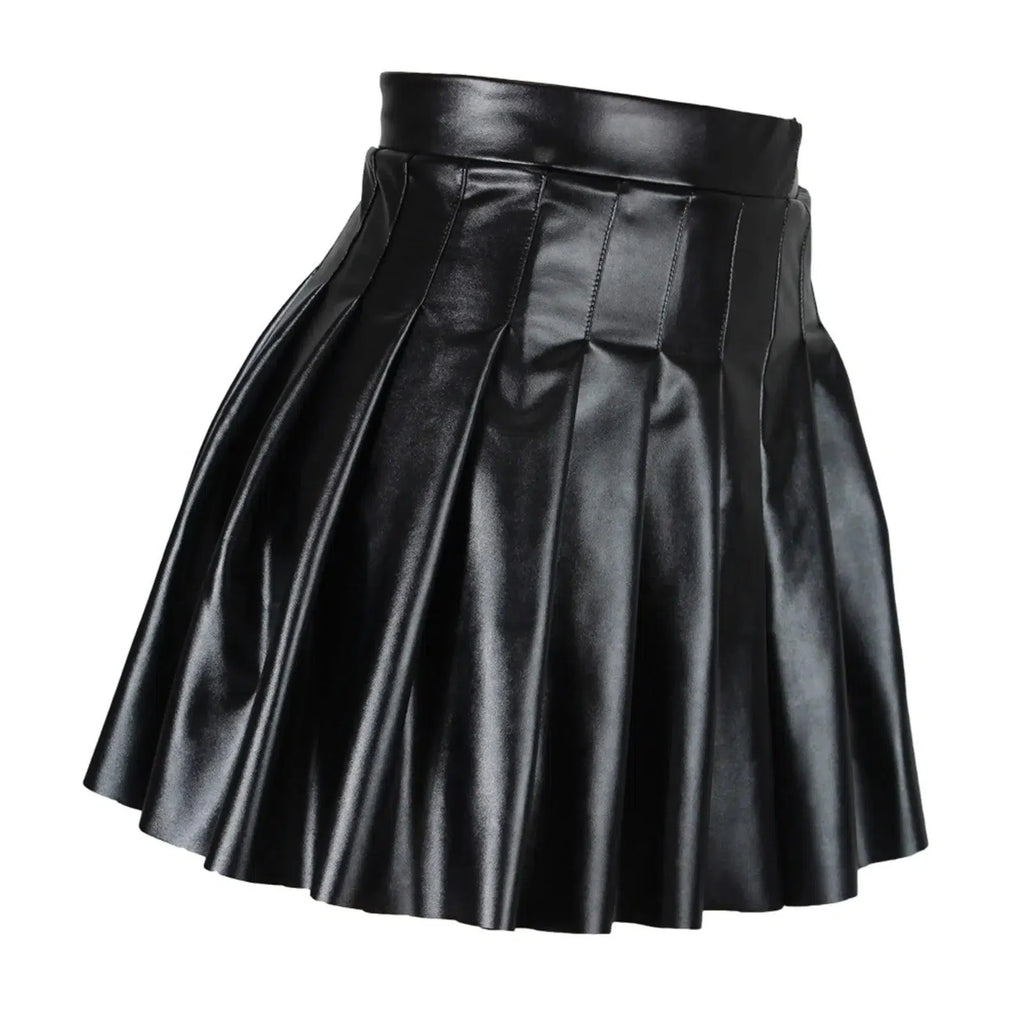 Women Pleated Skirt Leather Flared Mini - High Waist Women Skirt