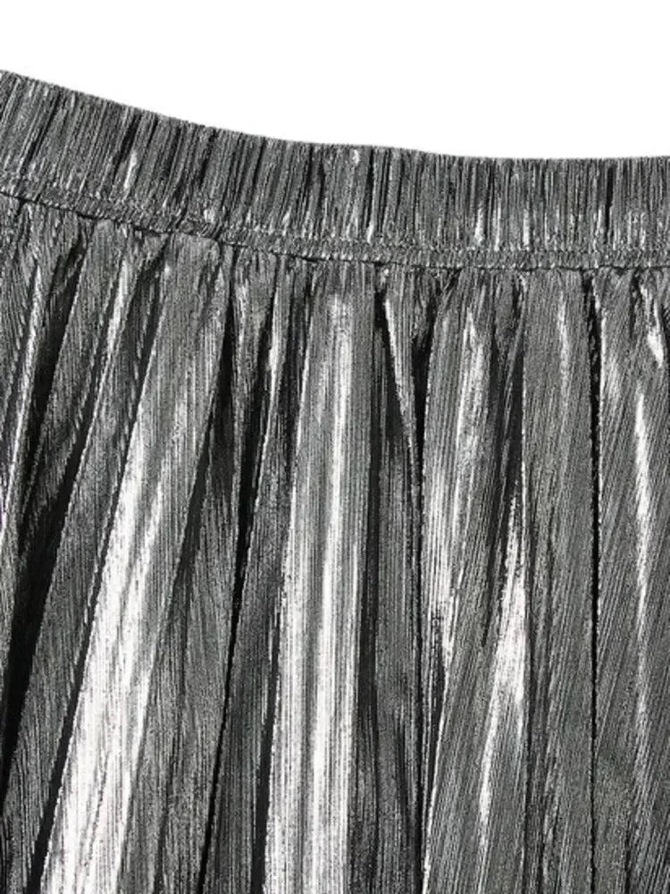 Women Pleated Skirt Metallic High Waist - Midi Women Skirt