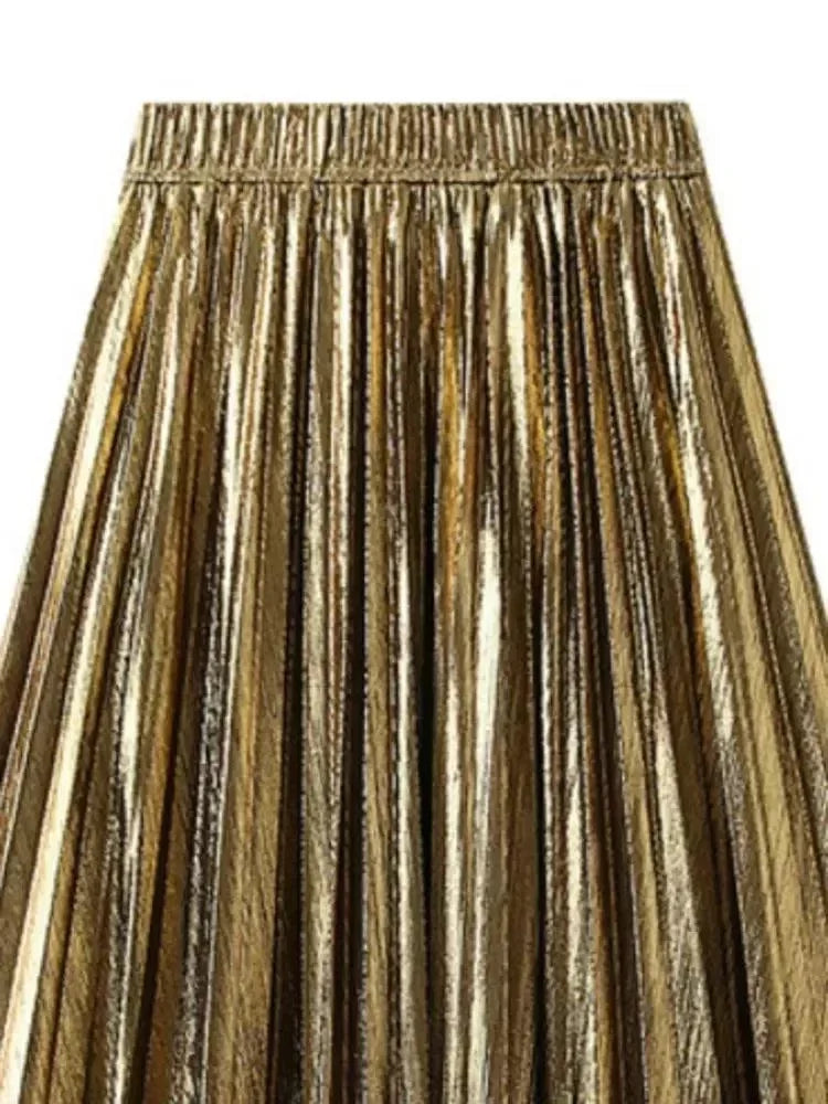 Women Pleated Skirt Metallic High Waist - Midi Women Skirt